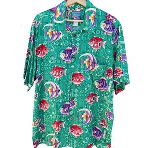 Vintage Joe Kealoha's Green Hawaiian Tropical Fish Button Up Shirt Large